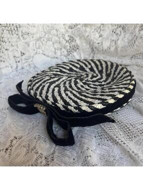 Vintage Woven Hatbox Purse Black White Straw Zelmaron 1950s